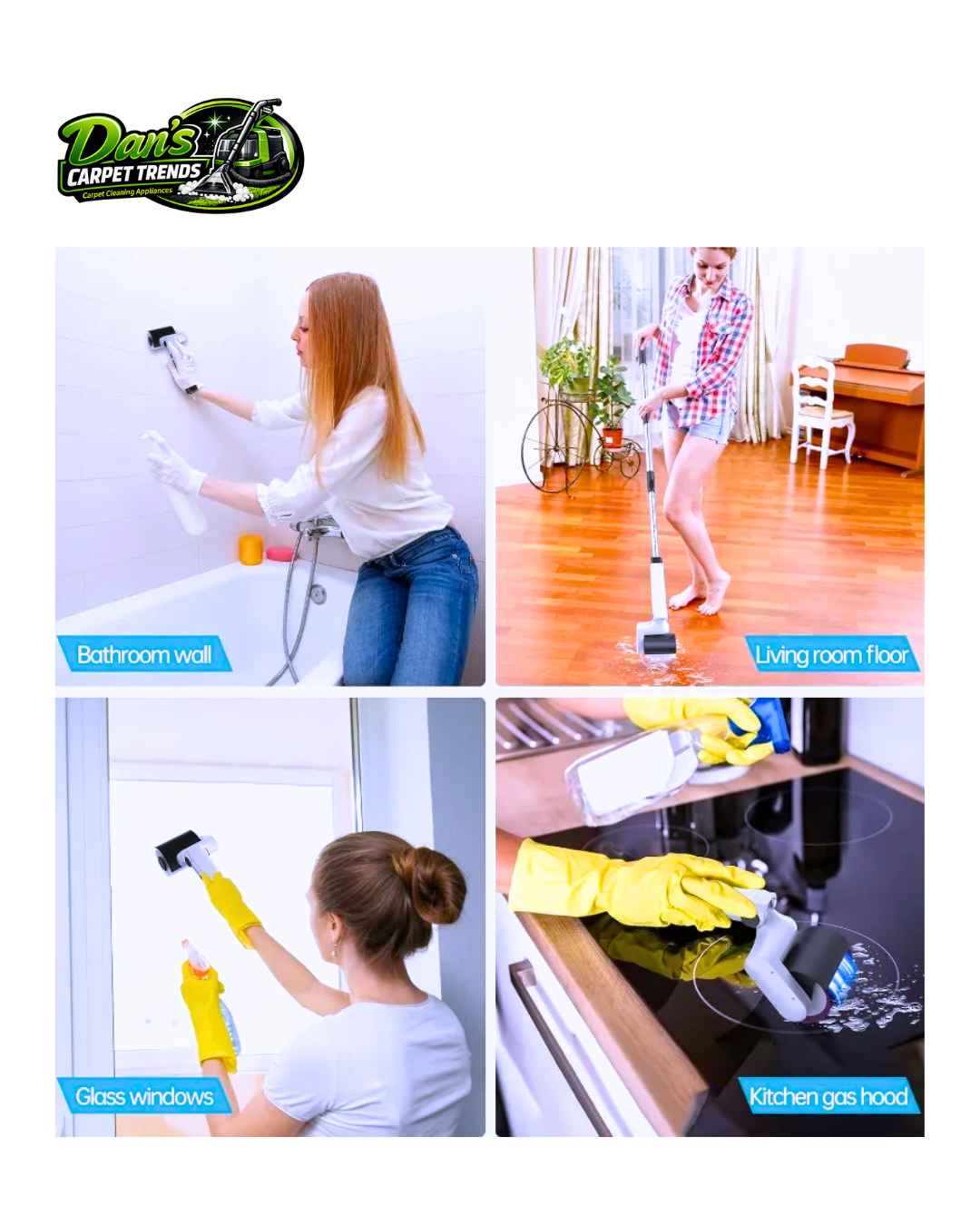 Dan's Carpet Trends electric cleaning brush with 4 multipurpose brush heads