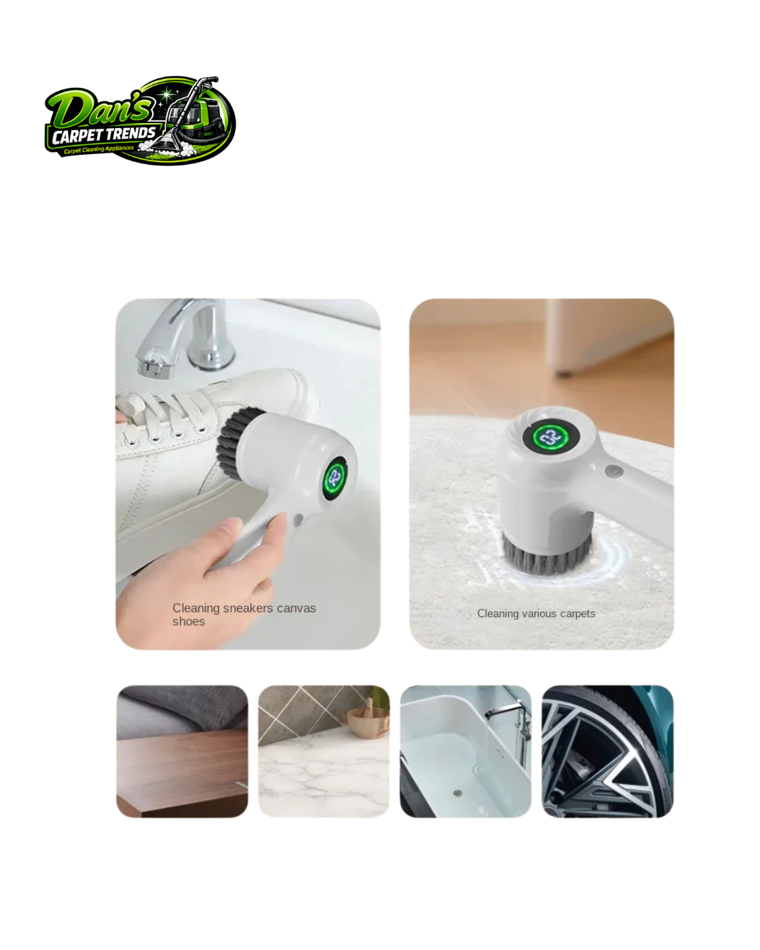 Dan's Carpet Trends electric scrubber with replaceable brush heads for kitchen use