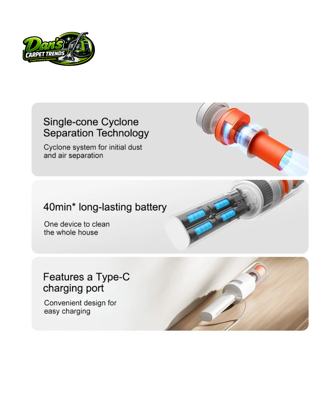 Dan's Carpet Trends handheld vacuum cleaner for home and car cleaning